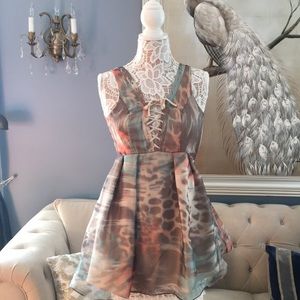 BEBE AQUA GRAY & CORAL ANIMAL PRINT ORGANZA DRESS